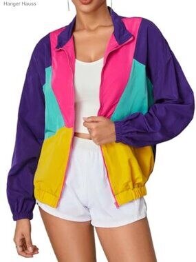 Women's Color Block Zip Up Lightweight Windbreaker Jacket 80s Retro Sporty